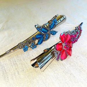 Large hair clips set of 2.  Rhinestone floral and butterfly.